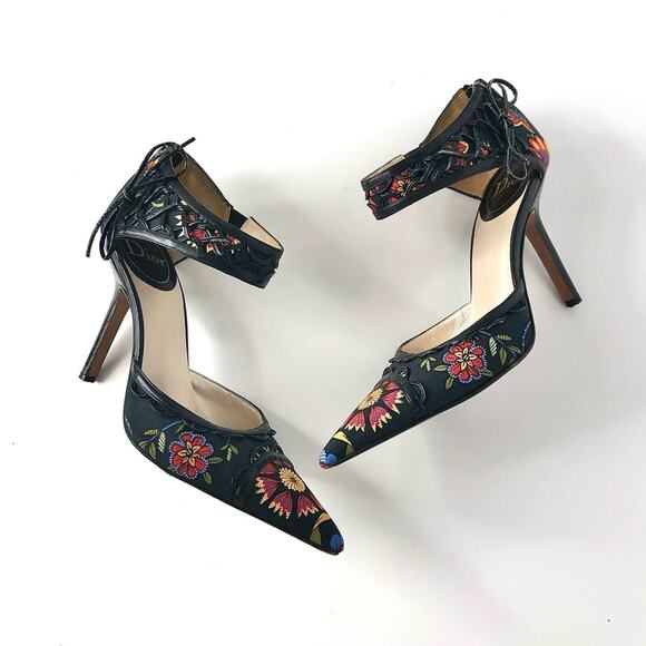 Vintage Dior SS 2002 Floral Print Bow Detail Pointed Toe High Heel Pumps 38 - Picture 3 of 8